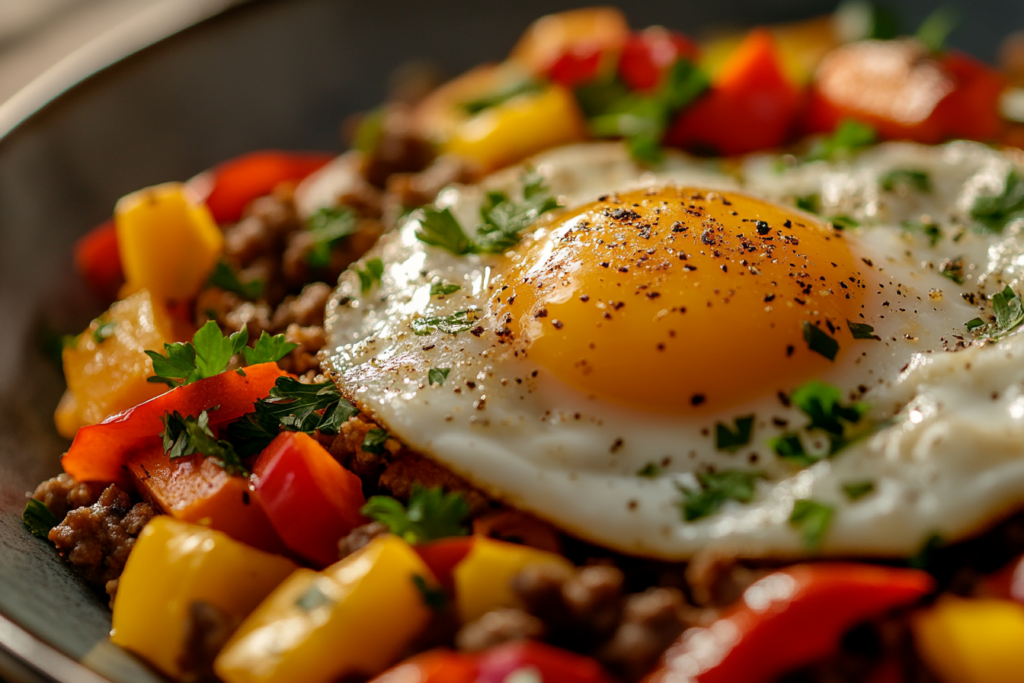 A colorful breakfast hash with ground beef, sweet potato cubes, and bell peppers in a skillet.