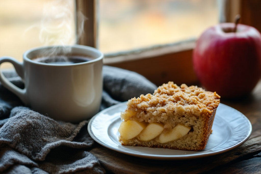 A slice of apple crumb cake served with a cup of coffee.