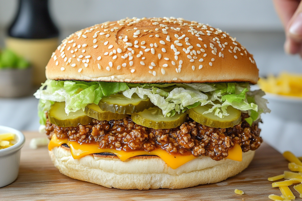 Toasted sesame seed buns being layered with beef, lettuce, and pickles.