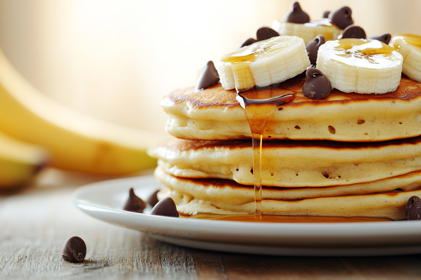 A stack of banana chocolate chip pancakes with melted chocolate chips.