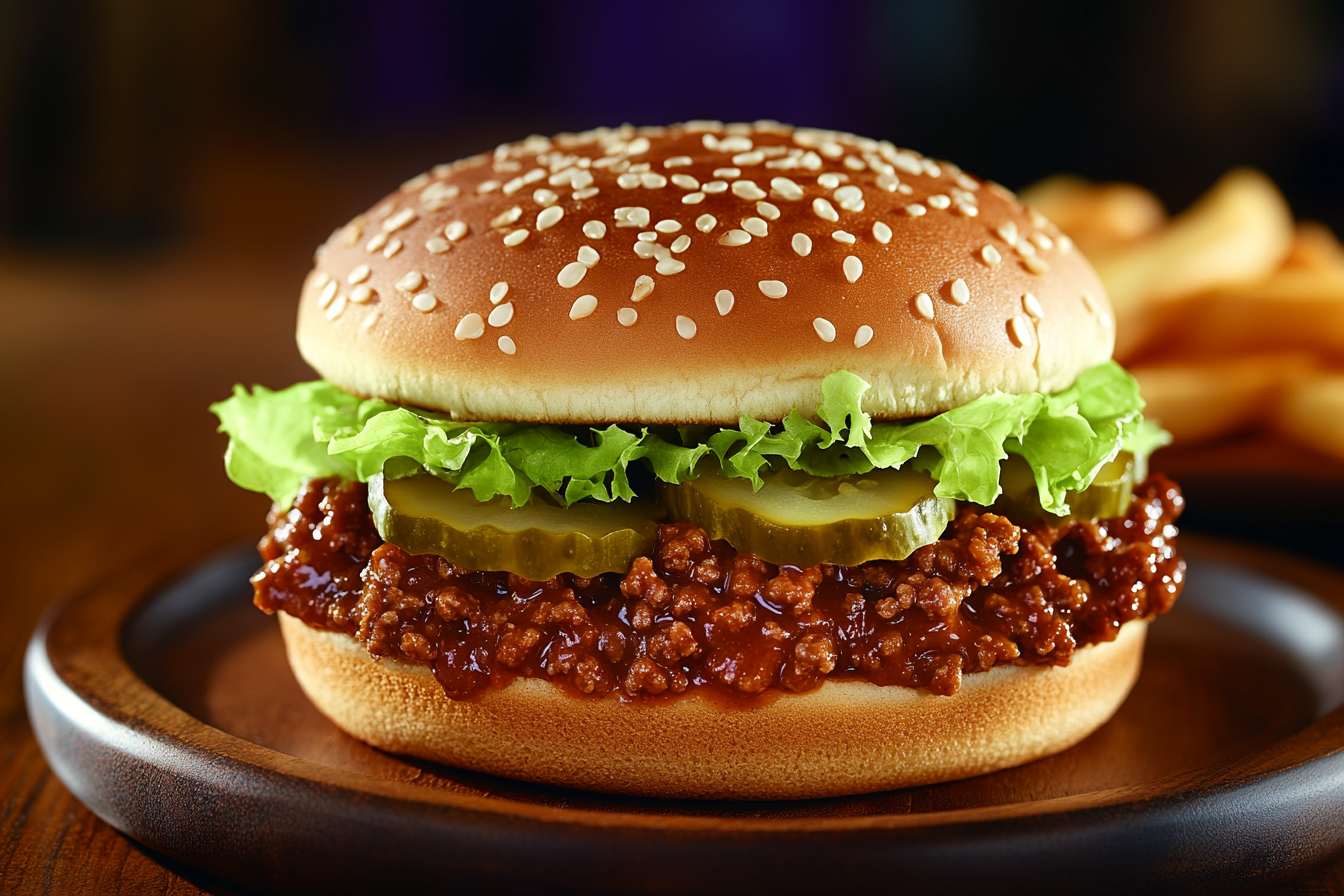 Big Mac Sloppy Joes served on a sesame seed bun with pickles, lettuce, and sauce.