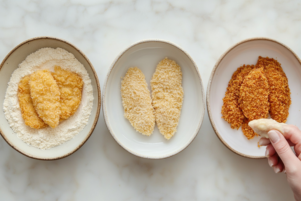 Breading station with flour, eggs, and breadcrumbs.