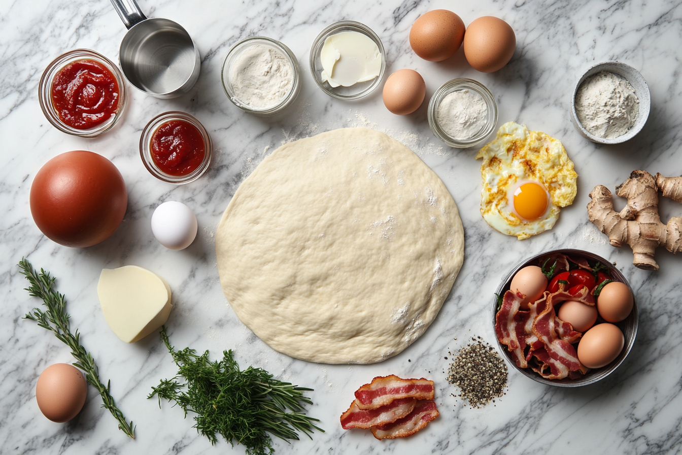 Ingredients for making breakfast pizza, including dough, eggs, cheese, and vegetables.