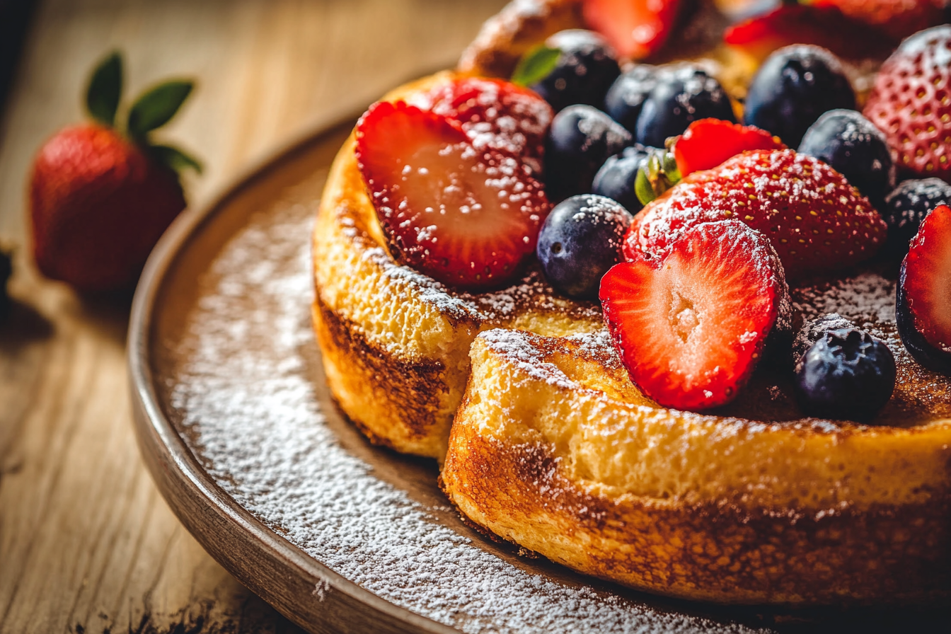 Golden brioche French toast casserole topped with powdered sugar and berries on a wooden table.