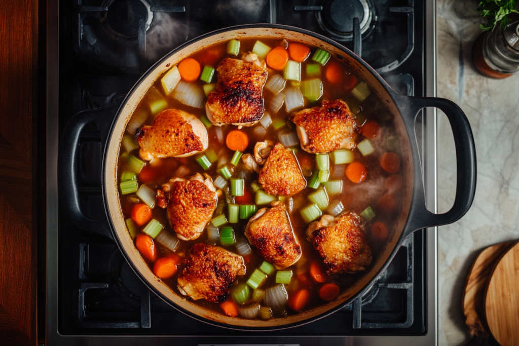 Vegetables and chicken cooking in a pot.