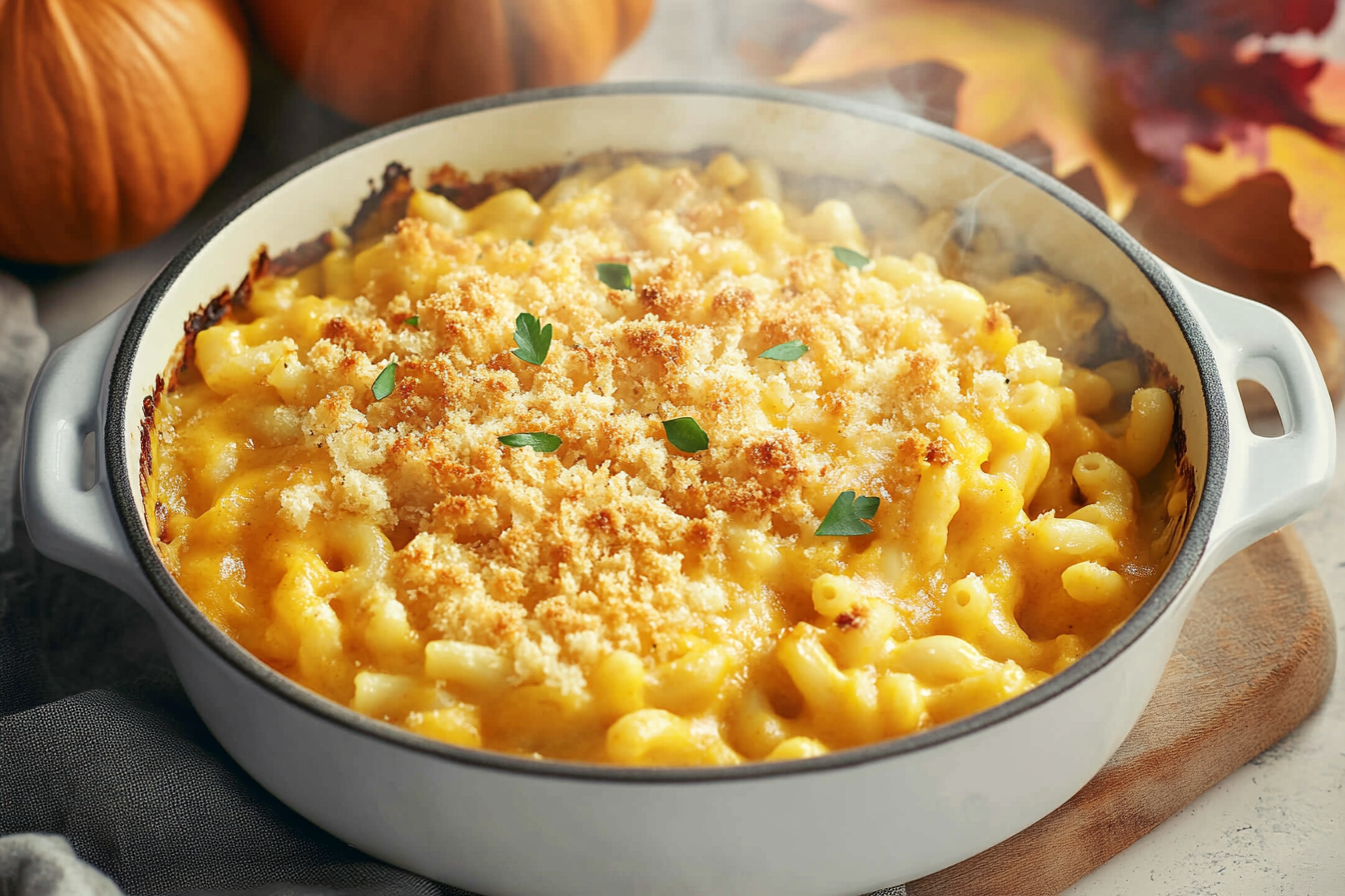 Creamy Butternut Squash Mac and Cheese in a rustic fall setting