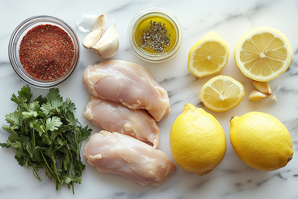 Ingredients for making California grilled chicken, displayed on a marble counter.