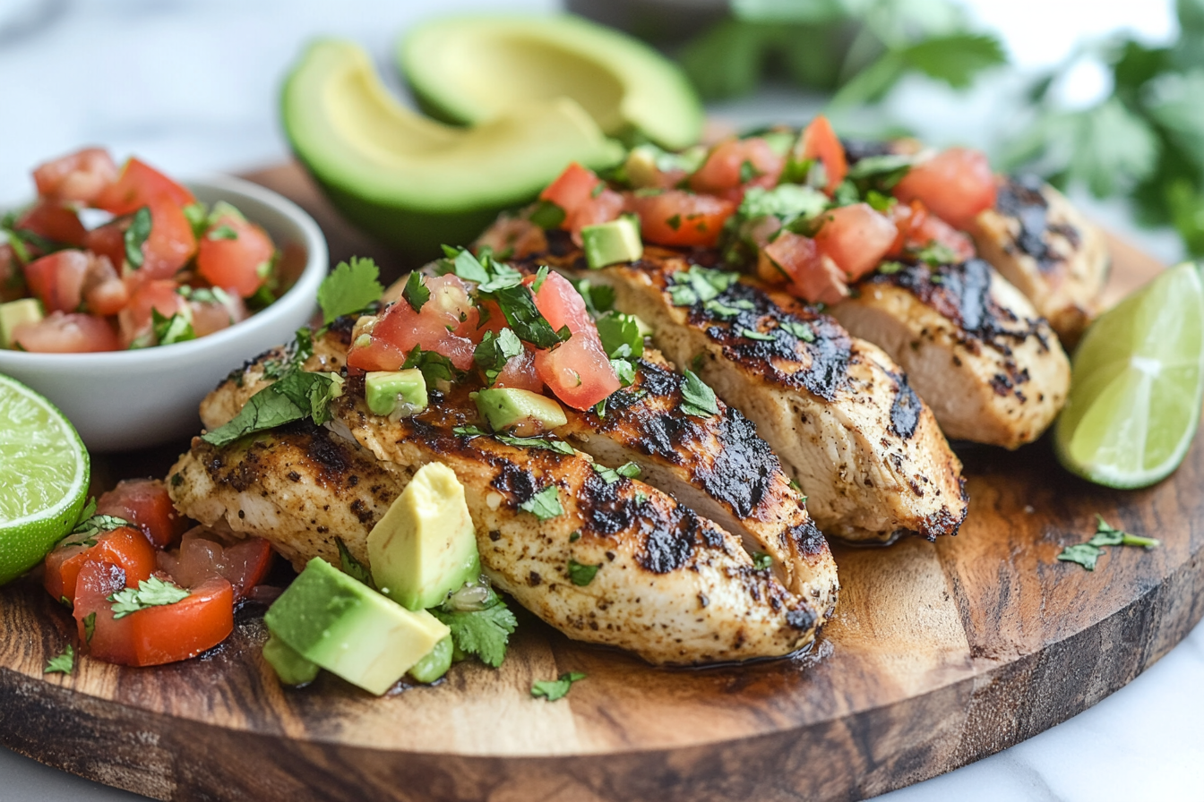 California grilled chicken with avocado and tomatoes on a wooden platter.