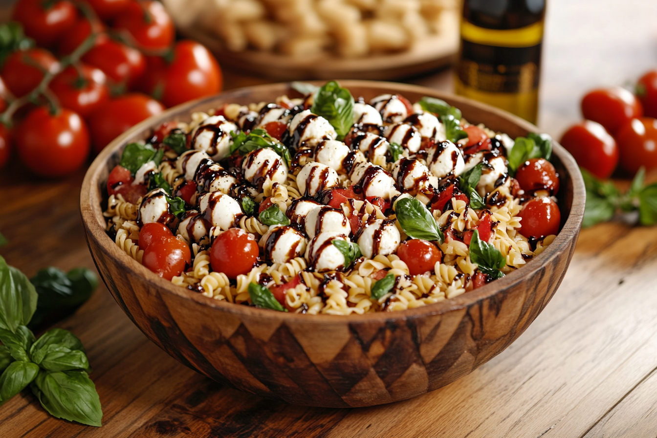 Caprese Pasta Salad in a rustic wooden bowl surrounded by fresh ingredients.