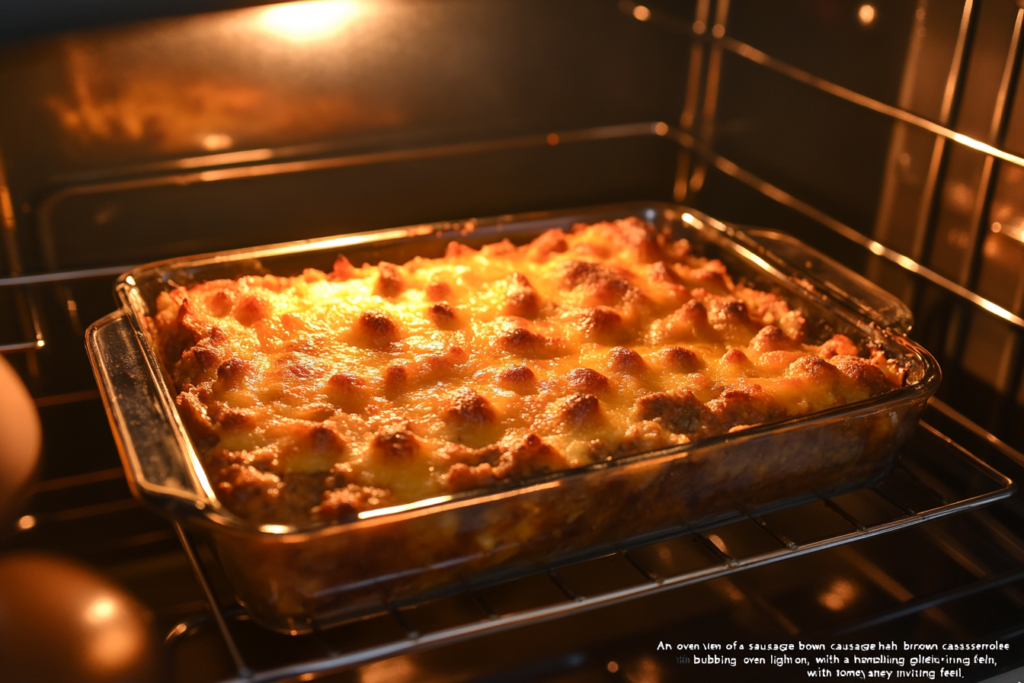 Sausage hash brown casserole baking in the oven with a golden brown crust