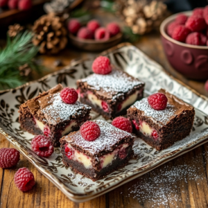 Cheesecake brownies cut into squares on a dessert table.