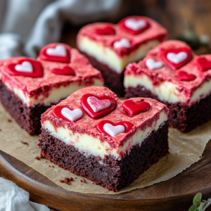 Red velvet cheesecake brownies with vibrant red layers