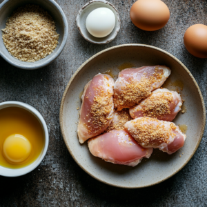 Preparation steps for chicken bites with raw chicken and ingredients