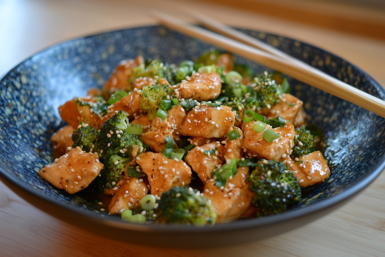 Chicken stir fry with broccoli in a wok.