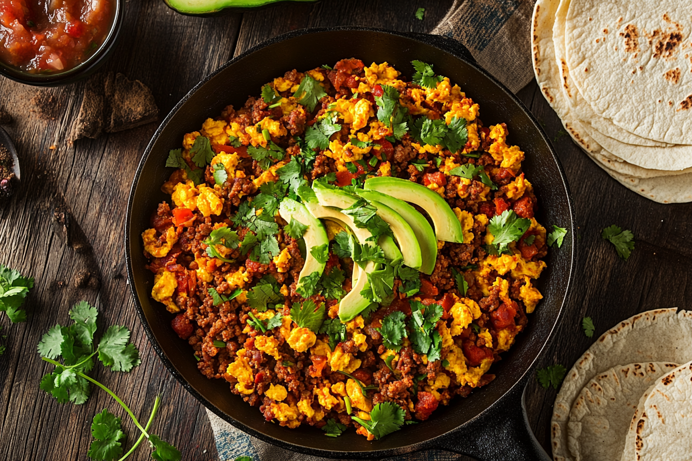 A vibrant skillet of chorizo and eggs garnished with fresh cilantro and avocado slices.