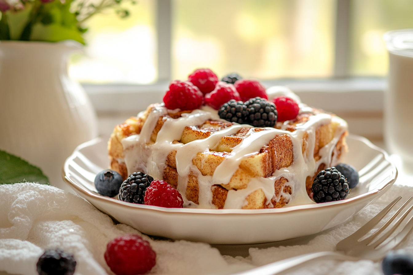 A warm serving of Cinnamon Roll French Toast Casserole topped with cream cheese glaze.