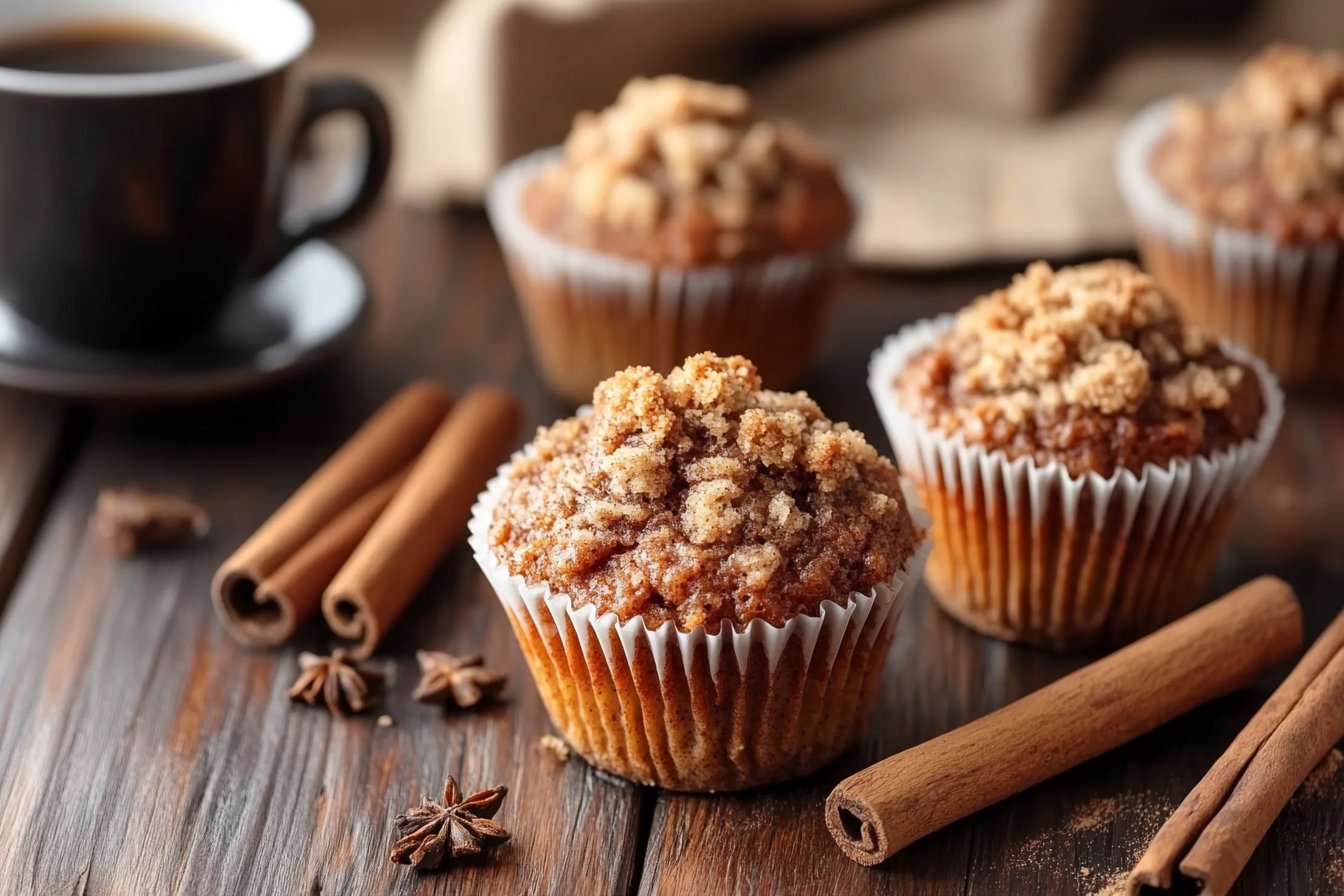 Warm cinnamon streusel muffins on a wooden table, with crumbly topping and a cozy kitchen background