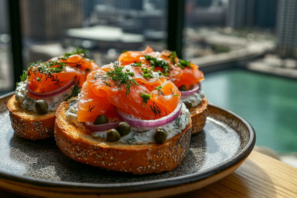  A toasted bagel topped with cream cheese, smoked salmon, red onion, and fresh dill.