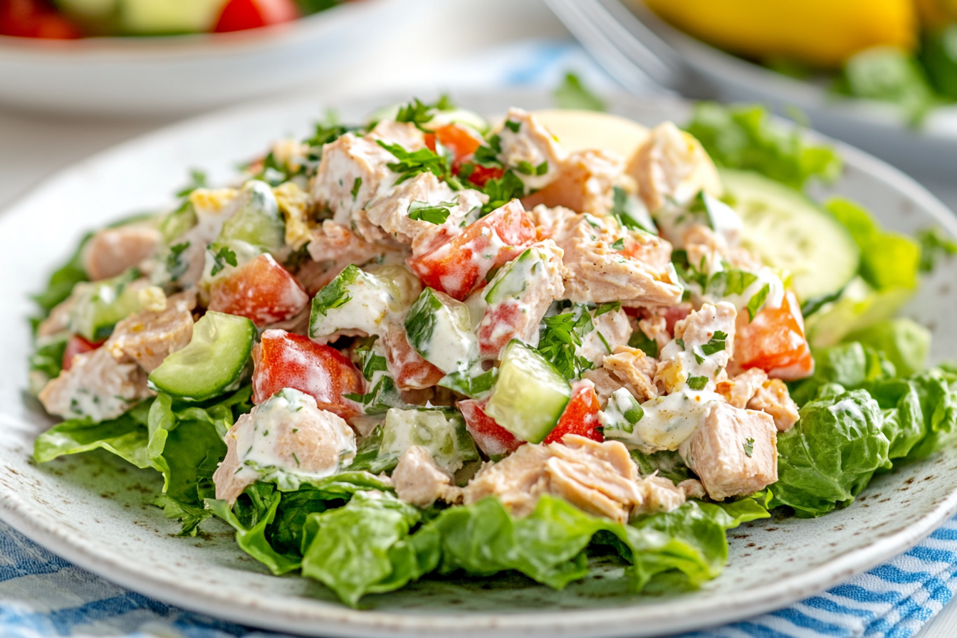 A bowl of freshly made tuna fish salad with egg, surrounded by fresh vegetables.