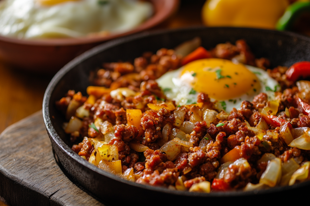 A skillet of chorizo and eggs in progress, with onions and bell peppers being sautéed.