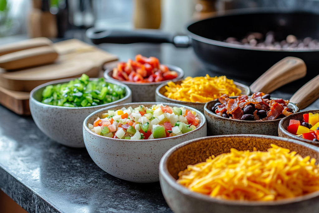 Burrito filling being prepared with eggs, veggies, and meat.