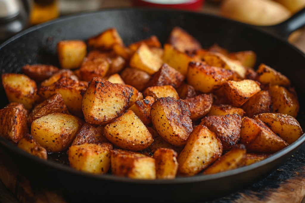 Frozen potatoes cooking in a cast-iron skillet, turning golden and crispy.