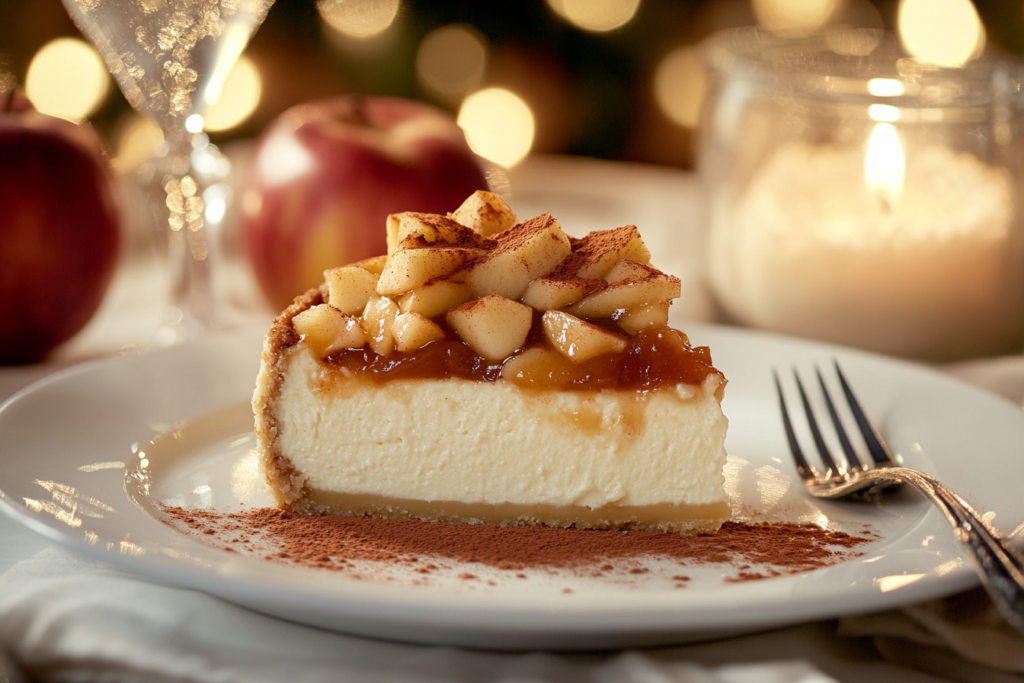 Apple pie filling draped over a cheesecake slice on a plate