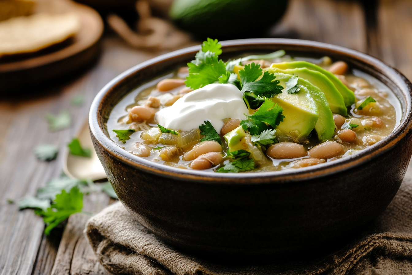 A bowl of white bean turkey chili garnished with toppings on a rustic table.