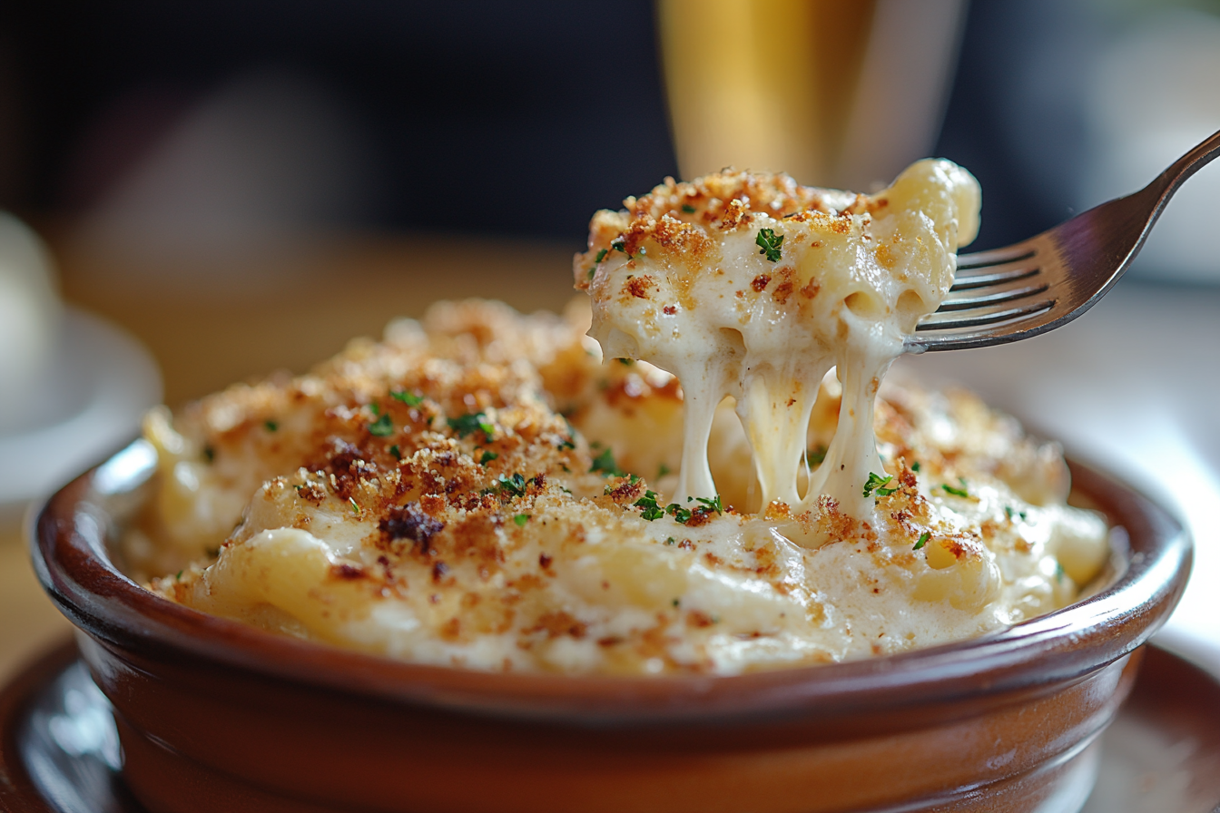 A fork lifting a cheesy shell from a bowl of mac and cheese