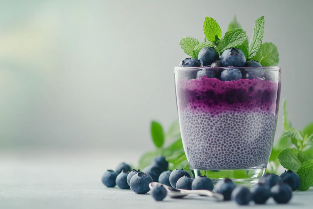 A serving of blueberry chia pudding in a glass, garnished with fresh blueberries and mint leaves.