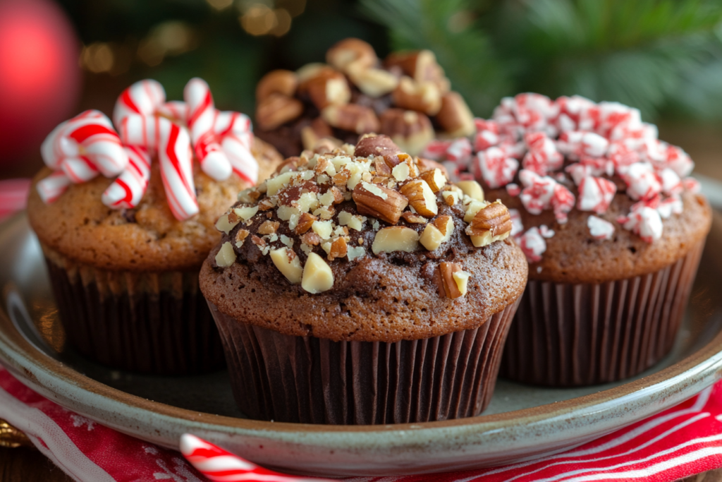 Different mini muffin variations with nuts, pumpkin, and candy cane toppings