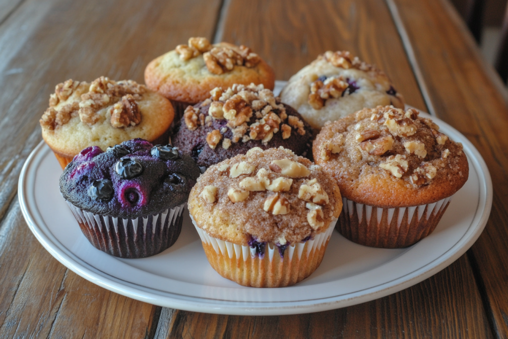 Cinnamon streusel muffins with blueberries and nuts on a plate