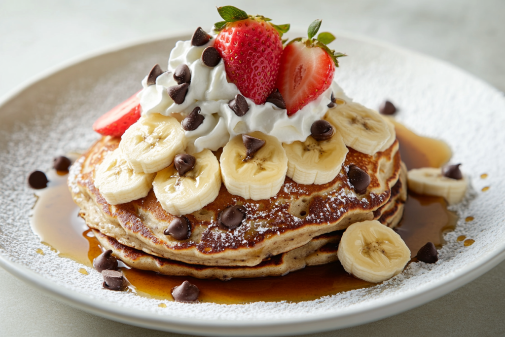 Pancakes with syrup, fruits, and whipped cream.