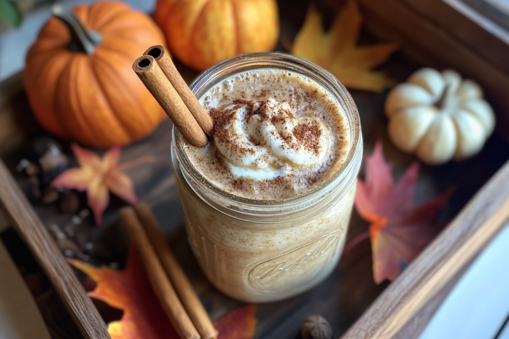 Pumpkin Spice Chai Latte served in a mason jar with cinnamon sticks and latte art on top.