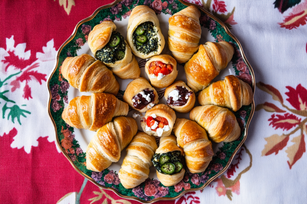  A variety of crescent rolls with different fillings on a platter