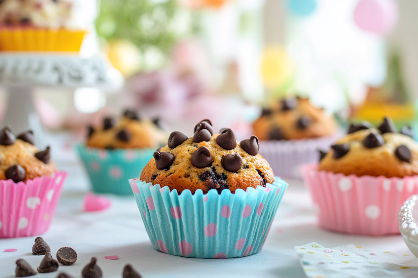 Mini chocolate chip muffins in paper liners on a colorful party table