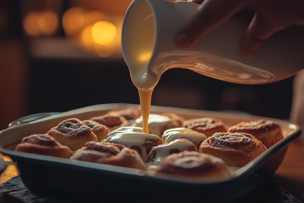 Custard mixture being poured over cinnamon rolls in a baking dish