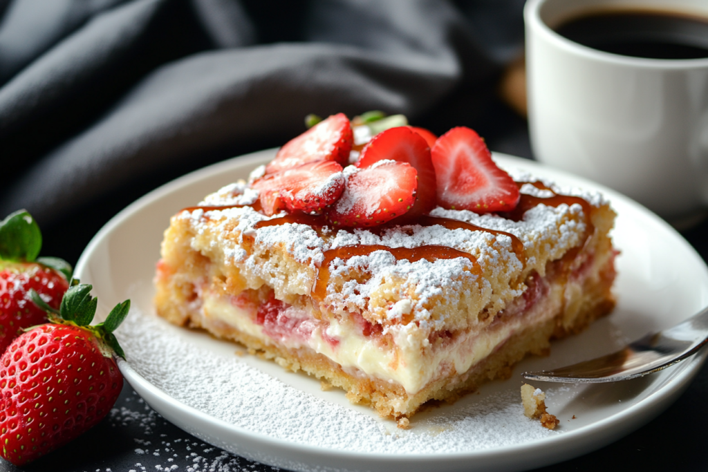 Cinnamon Roll French Toast Casserole topped with powdered sugar, fruits, and nuts