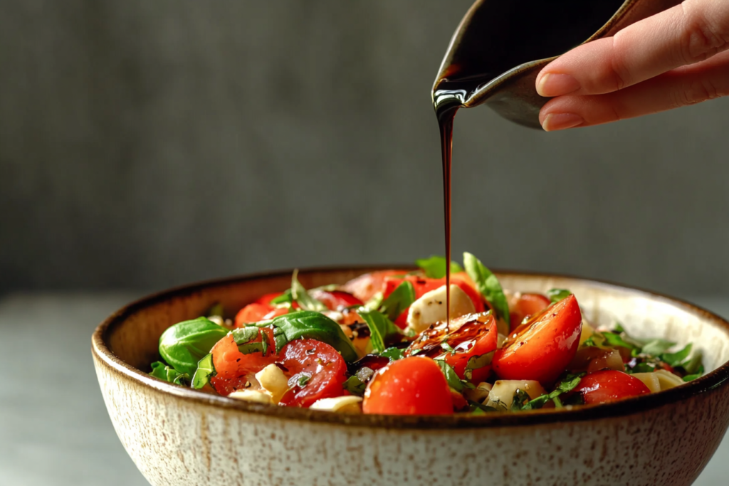 Drizzling balsamic glaze over Caprese Pasta Salad