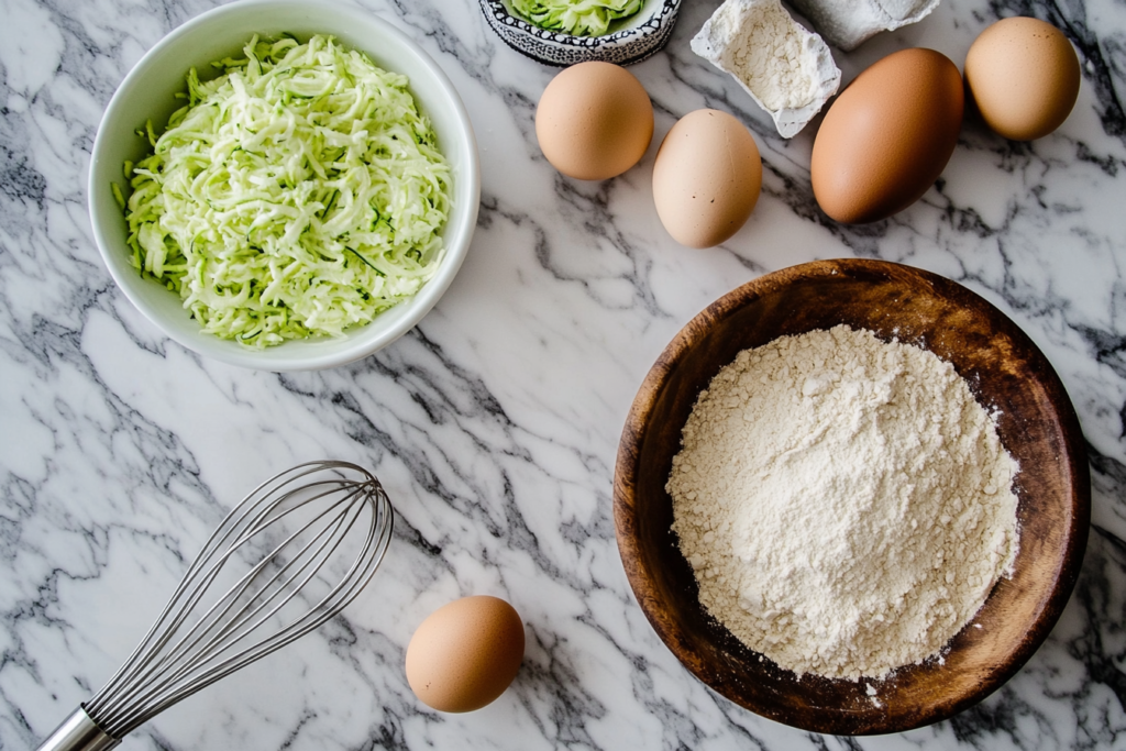 Ingredients for keto zucchini bread laid out on a kitchen counter