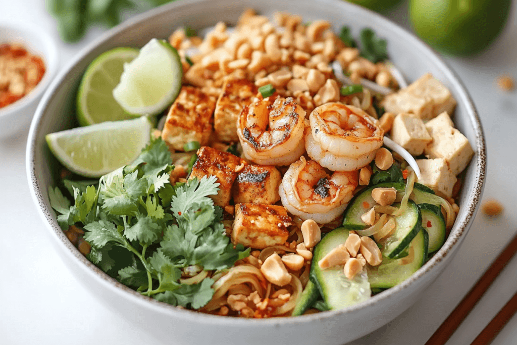 Plated healthy Pad Thai with vibrant garnishes and sides