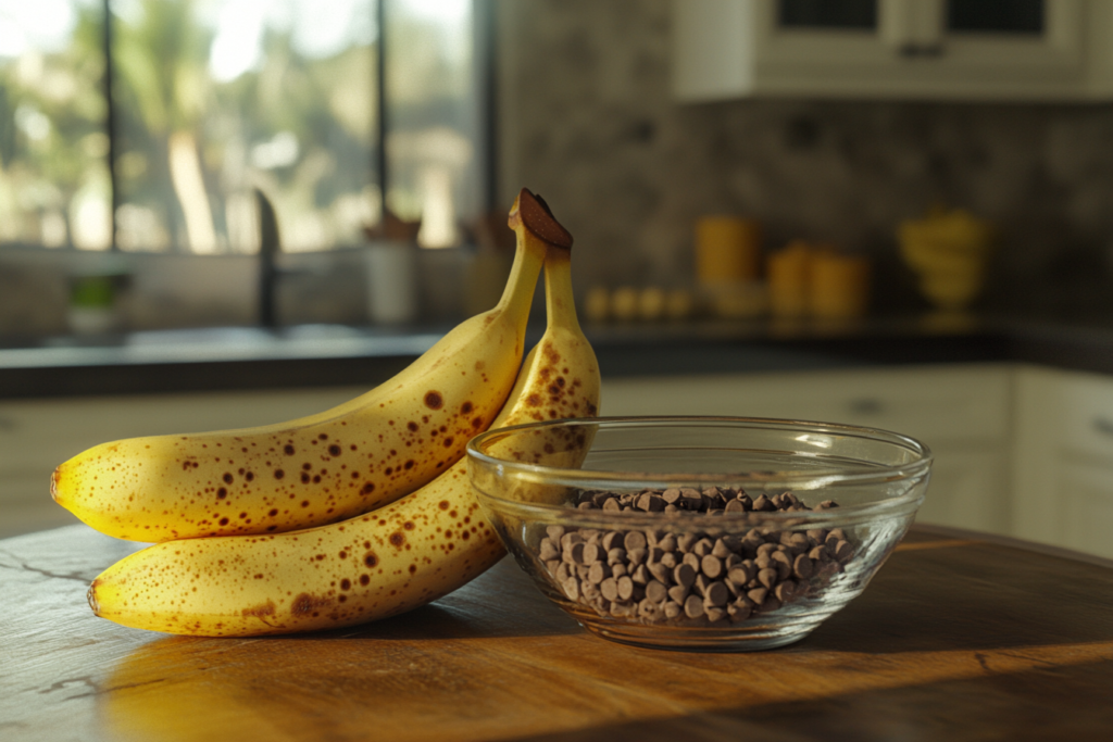 Ripe bananas and chocolate chips on a wooden kitchen counter.