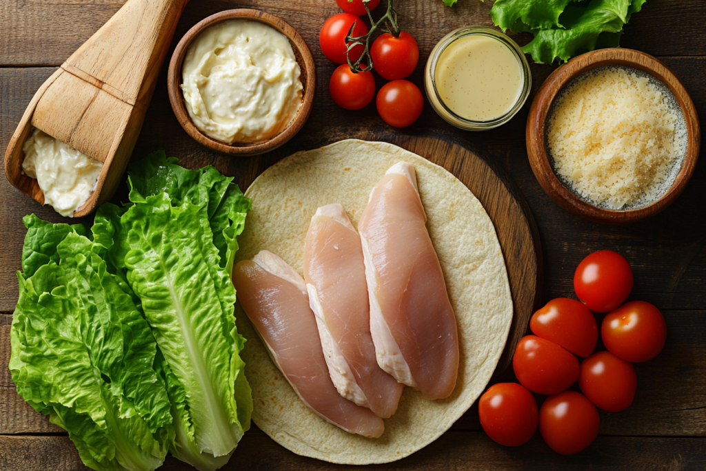 Ingredients for making a grilled chicken Caesar wrap arranged neatly on a kitchen countertop.