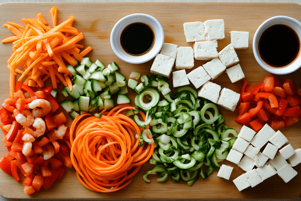 Prepared ingredients for healthy Pad Thai including chopped vegetables and proteins.