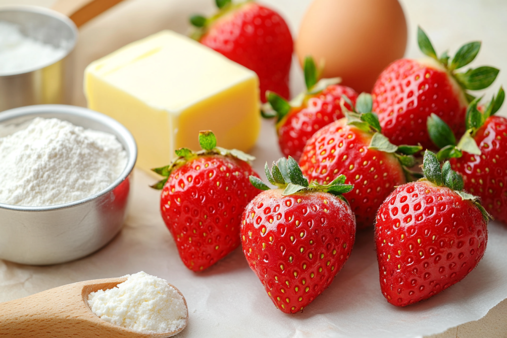 Close-up of fresh strawberries and baking essentials