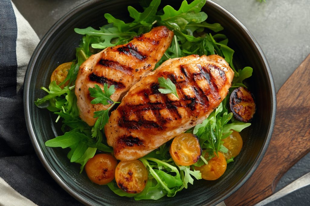  Chicken breasts grilling with perfect char marks on a sunny day.