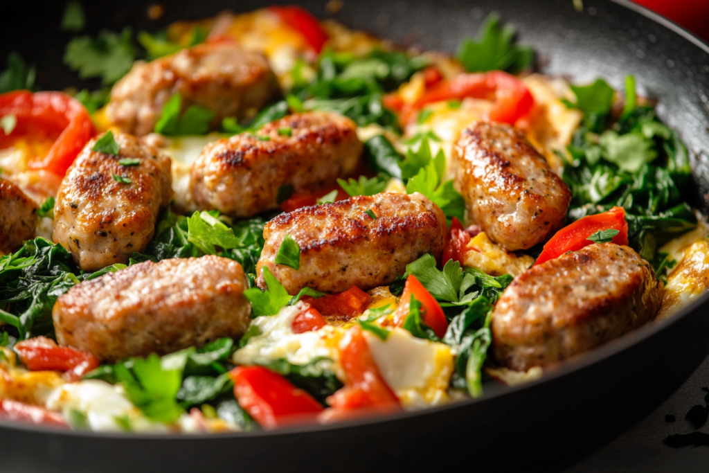 Turkey sausage and veggie scramble served in a skillet