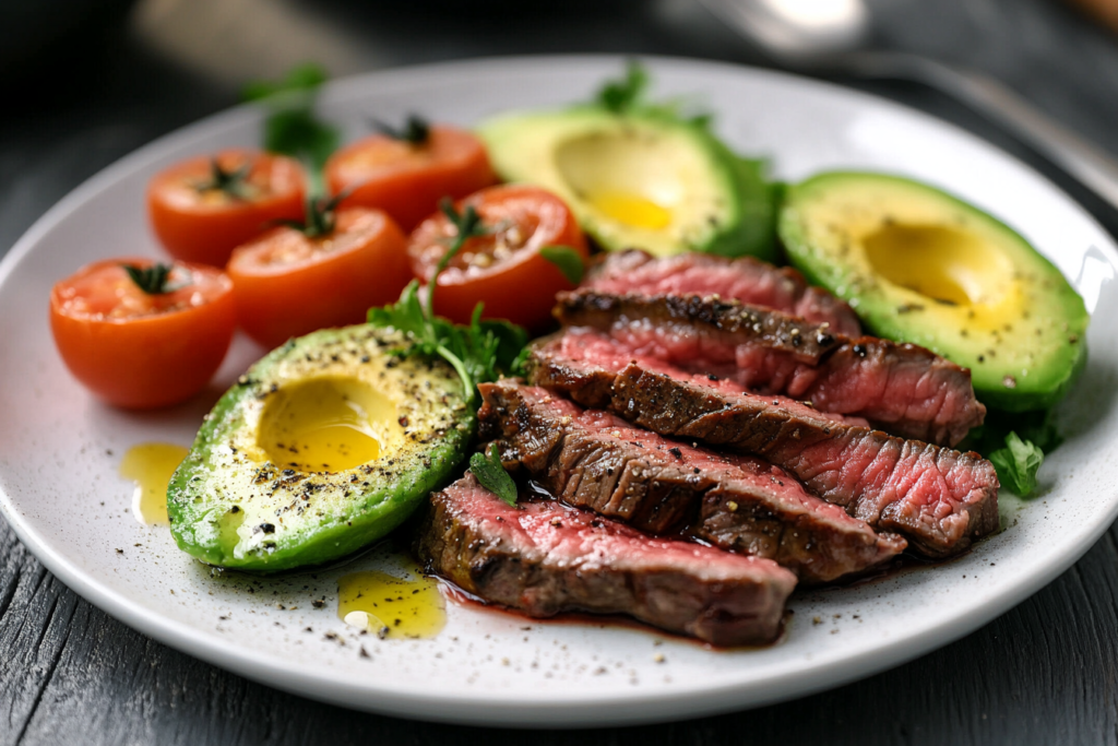 Breakfast steak served with avocado slices and cherry tomatoes