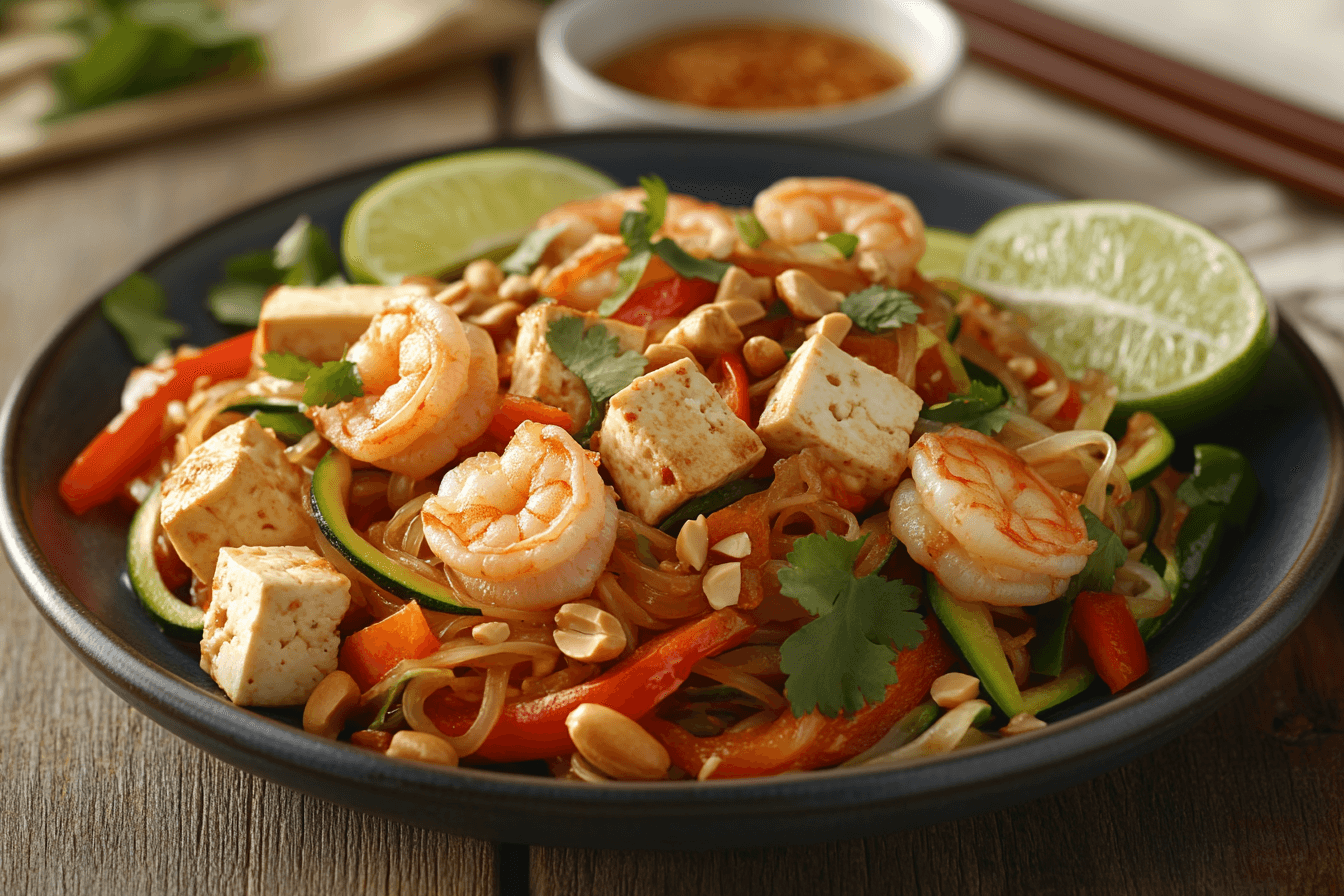 Healthy Pad Thai with zucchini noodles, shrimp, and vibrant vegetables.