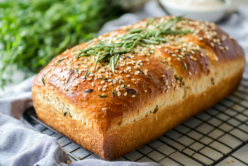 Bread loaf with seeds and herbs on top.